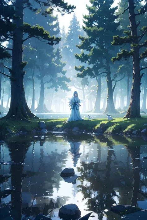 "Create an image of Billie Eilish standing in the middle of a serene lake, surrounded by tall, majestic trees. The scene is ethereal and peaceful, with blue birds gracefully flying around her, adding a touch of whimsy and magic. The lighting is soft, with ...