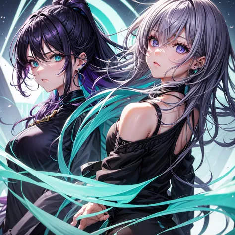 Anime panel, woman intense turquoise eyes, upper body, gray wavy hair with purple highlights, serious, ear piercing, black casual outfit