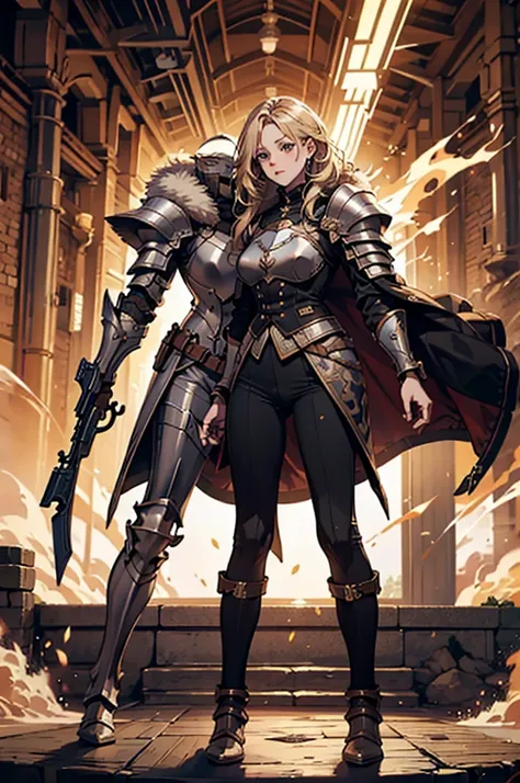 Game character standing drawing design，Disney animation，style of disney animation，an heavyknight，Quaint and heavy armor，Fur shoulders，Stout limbuscle explosions，Equipped with huge riding guns，Different layers overlay，Different angles，（Left view full body：1...