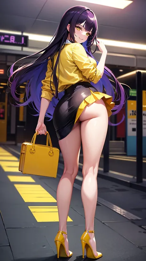 Beautiful Woman, Full Body, Showing Butt, Long Hair, Dark Purple Hair, Green Mini Skirt, Yellow Shirt High Heels, Smiling, Yellow Eyes, Bus Station Background