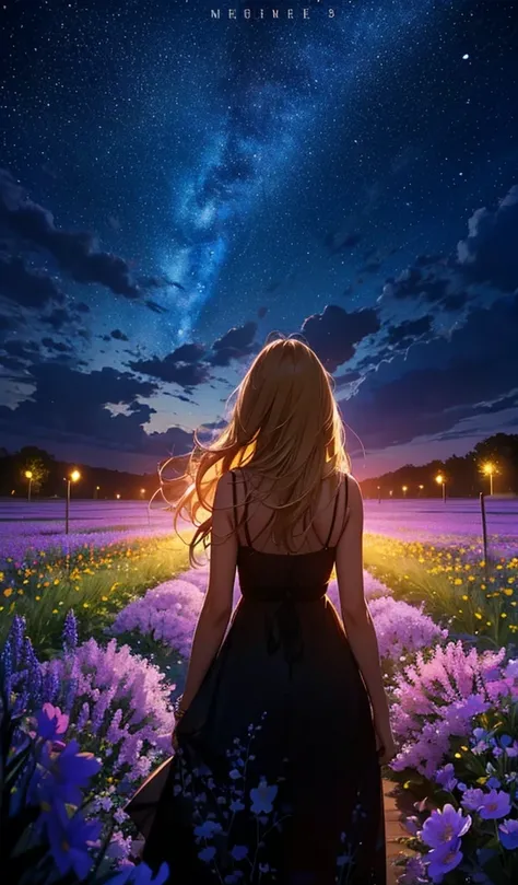 １people々々々々々々々々々々々々々,Blonde long-haired woman， camisole，silhouette， Rear View，Space Sky, Flower Field，Colorful flowers