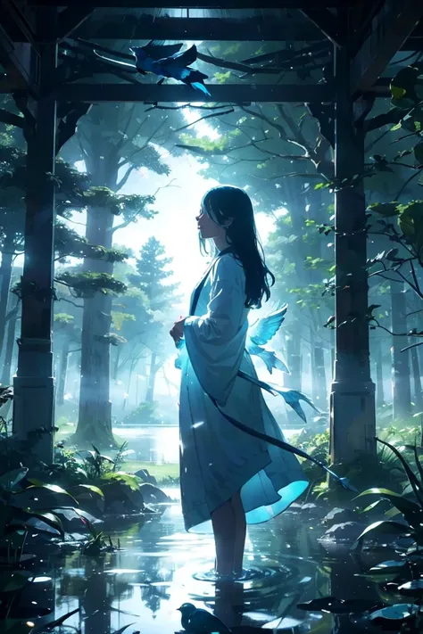 "create an image of billie eilish standing in the middle of a serene lake, surrounded by tall, majestic trees. the scene is ethe...