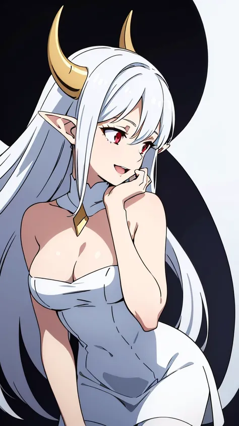 1girl,20s,solo,white short dress,white hair,long hair,elf ears,horns,white pantyhose,cleavage,red eyes,gold tiara,((no background)),talking,happy,smile,open mouth,profile,hand_on_own_cheek,looking to side,head up