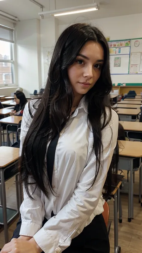 British lady with long black hair in the classroom in London, selfie 