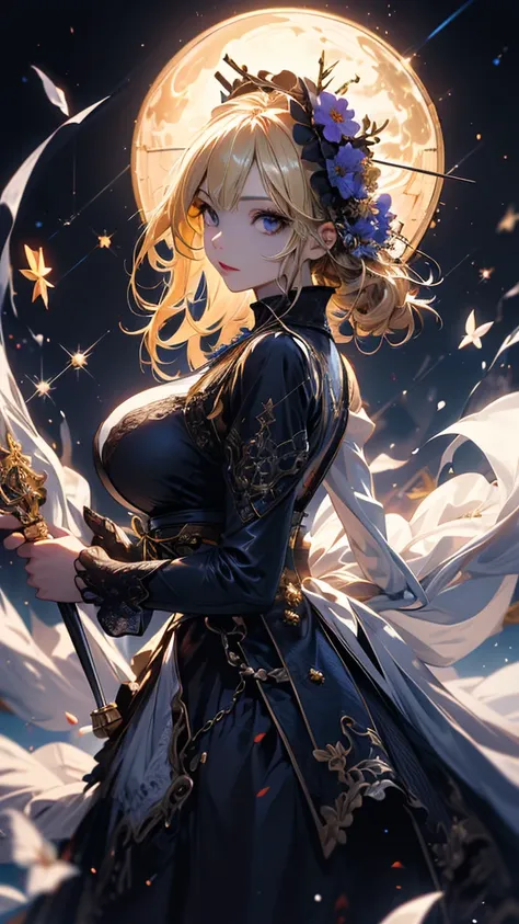 masterpiece, high quality, 4K, Beautiful design, silhouette，blonde， 非常に詳細な夜のStarry Sky,Flower Field， wonderful, Finer details,  Very knowledgeable woman, Highly detailed solo, 1 female,Big Breasts，Gothic Lolita Fashion，Night view，Starry Sky，full moon，