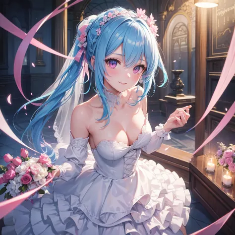 sky Blue hair, (braided ponytail),(pink eyes),fair skin ,(full body),(1 girl),bride,soro,smile,Straight Bangs, June Bride,Wedding dress,(masterpiece, best quality, ultra-detailed, best shadow), (detailed background), (beautiful detailed face), high contras...