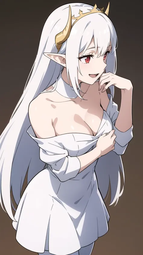 1girl,20s,solo,white short dress,white hair,long hair,elf ears,horns,white pantyhose,cleavage,red eyes,gold tiara,((no background)),talking,happy,smile,open mouth,profile,hand_on_own_cheek,looking to side,head up