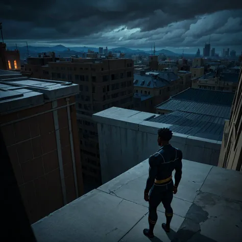 photo of a depressed black man reflecting on his life while standing on top of a building, cinematic action, masterpiece, super detail, textured skin, atmospheric perspective,