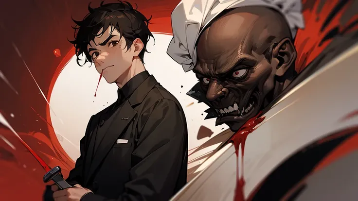 A man with black hair, black eyes, a sadistic face, mouth full of blood. There was blood all over his body, holding a kitchen knife, wearing a chefs uniform. The person standing next to him was a man with brown hair and brown eyes, his face looking frighte...