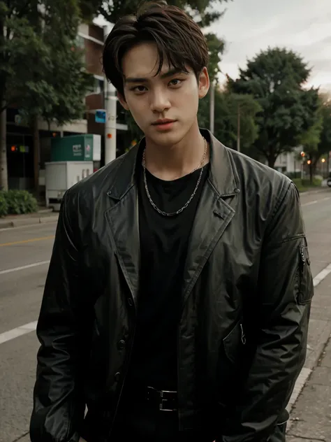 seventeen, good looking, 1 boy, bike, on the road, wearing a black jacket, necklace