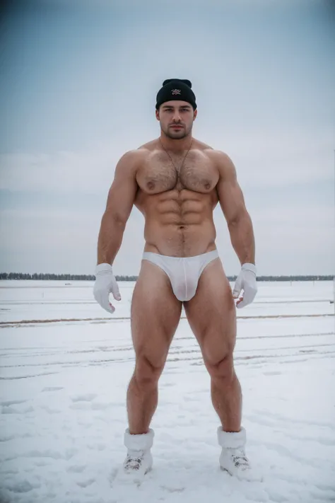 1 stocky shirtless Russian gay is standing with his legs and thighs opened and spread in the snow with wide landscape of snowfield , 1 man only, no other people, iceblocks and icelake and snow scene, he is wearing white fur gloves, fur woolen hat to cover ...