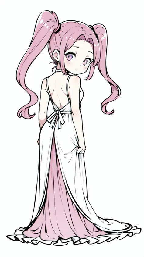 (1girl,12 years old,solo),pink hair,long hair,twintail,(medusa hair),simple white dress,sleeveless,(white background,line drawin...