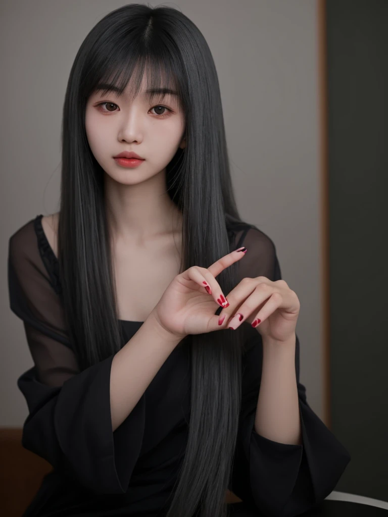 Asian girl, slanted gray eyes, long silky hair, delicate hands and long nails