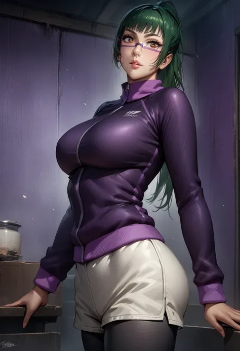 (masterpiece, finely detailed beautiful eyes : 1.2), hdr, realistic, high resolution, (best quality, masterpiece:1.2), ultra detailed, (anime), 1girl, maki exp, green hair, ponytail, long hair, brown eyes, purple glasses, side locks, large breasts, lips, p...