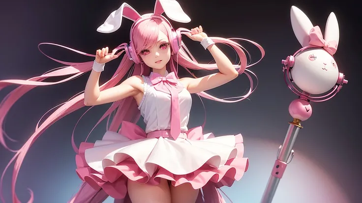 A woman with pink hair, long flowing hair, a mannequin figure, has rabbit bow robot headphones and pink eyes, has a cute face, wears a white sleeveless shirt with a pink skirt attached. Theres a pink tie. Wear white gloves, pink cuffs, and pink high heels....