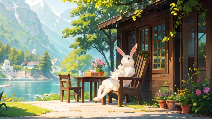 Soothing and cute natural scenery, cute rabbit image, A warm, bright and cheerful atmosphere in the background, And beautiful leisure scenery.