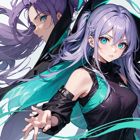 Anime panel, women intense turquoise eyes, upper body, gray wavy hair with purple highlights, serious, ear piercing, black casual outfit