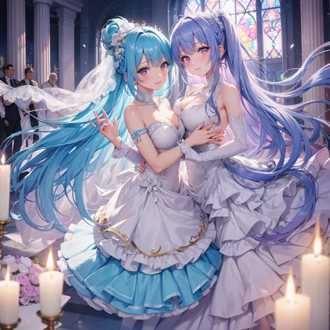 sky Blue hair, (braided ponytail),(pink eyes),fair skin ,(full body),(1 girl),bride,soro,smile,Straight Bangs, June Bride,Wedding dress,(masterpiece, best quality, ultra-detailed, best shadow), (detailed background), (beautiful detailed face), high contras...