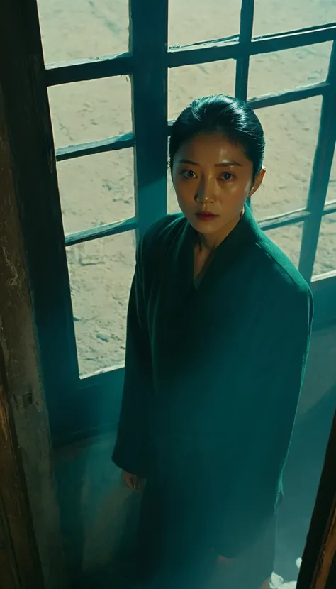 Extreme high angle shot from above, woman, looking at camera, drama movie, movie still, lighting through window, shadows on face, wong kar wai color palette 