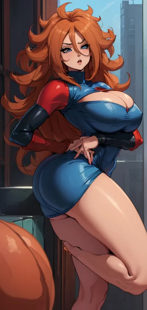 (best qualityer:1.3), android 21, ), busty, cleaveage, (chestnut hair), pose lateral, body sideways to the camera, seductiv, rosto sensuous,  sensuous, curvy body, big-ass, (tight blue and red dress),  short dress, strong legs, strong bodie, brawny 