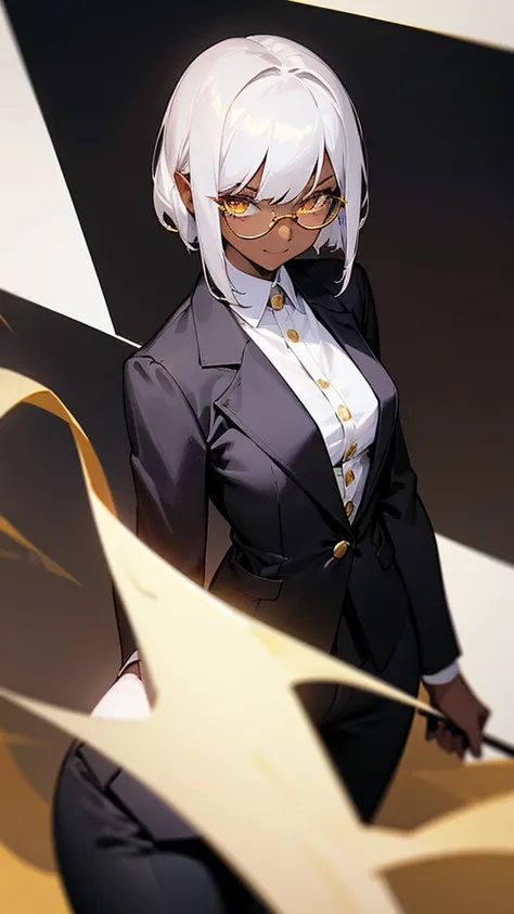 1 Female, adult, dark skinned women, long white short hair, hair over the ears, golden eyes, glasses, black business suit, black tailored jacket, white shirt, black pantsuit, office background, malicious smile, sharp eye,