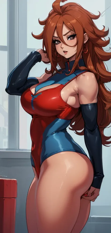 (best qualityer:1.3), android 21, ), busty, cleaveage, (chestnut hair), pose lateral, body sideways to the camera, seductiv, rosto sensuous,  sensuous, curvy body, big-ass, (tight blue and red dress),  short dress, strong legs, strong bodie, brawny 