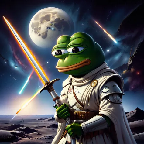 Pepe the frog, starwars character, holding a saber sword, on the moon watching the universe, highly detailed, photorealistic, vivid colors, cinematic lighting, dramatic composition, intricate details, digital painting, concept art style