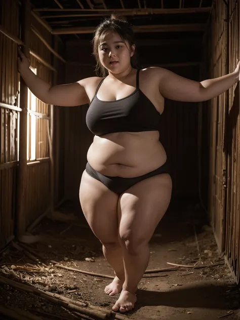 A very fat, obese 10-year-old girl in an underground prison, looking excited, detailed facial features, (best quality,4k,8k,highres,masterpiece:1.2),ultra-detailed,(realistic,photorealistic,photo-realistic:1.37),HDR,UHD,studio lighting,ultra-fine painting,...