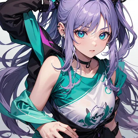 Anime panel, women intense turquoise eyes, upper body, gray wavy hair with purple highlights, serious, ear piercing, black casual outfit