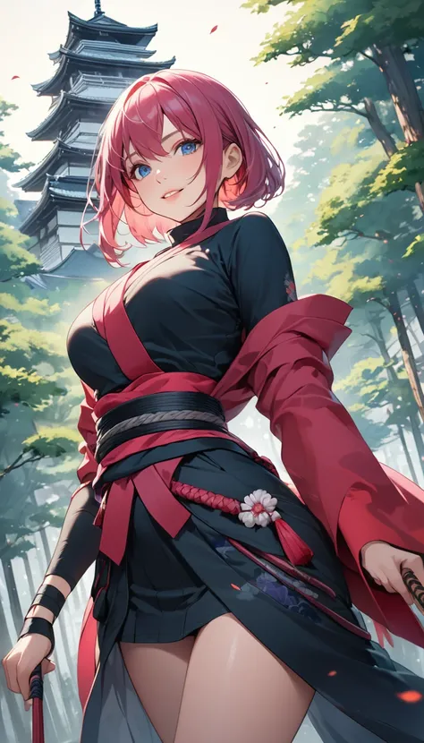 (((masterpiece))),(((High resolution)))、(((8K quality)))、(((Perfect Face)))、((Top quality eyes)), One Girl、24-years-old、Best Bust、Medium Chest、Beautiful Eyes、hot pink hair, Very short hair、blue eyes, Ninja, Open clothes, Ninjaの額当て、Dynamic Angle, Captivatin...