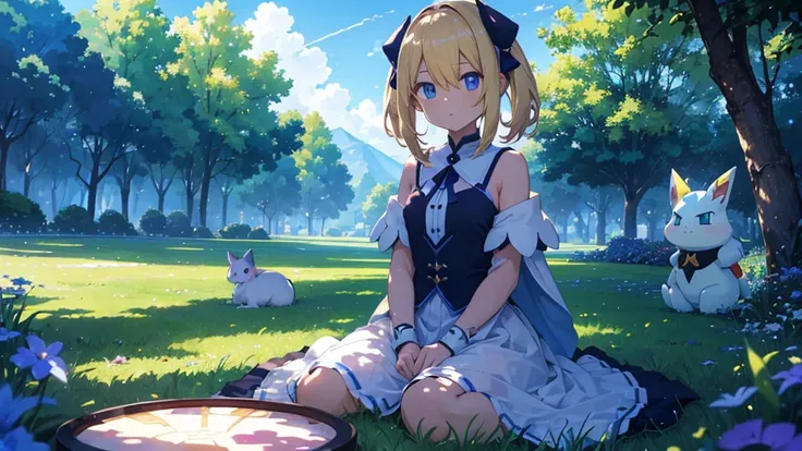 High-definition background, bright and beautiful atmosphere, 3 girls (2 years old, (1 short-tempered round face), (1 child)) (hair, surface effect), color effect), small breasts, blonde hair, very wide blue sky , a lawn that can be seen all the way to the ...