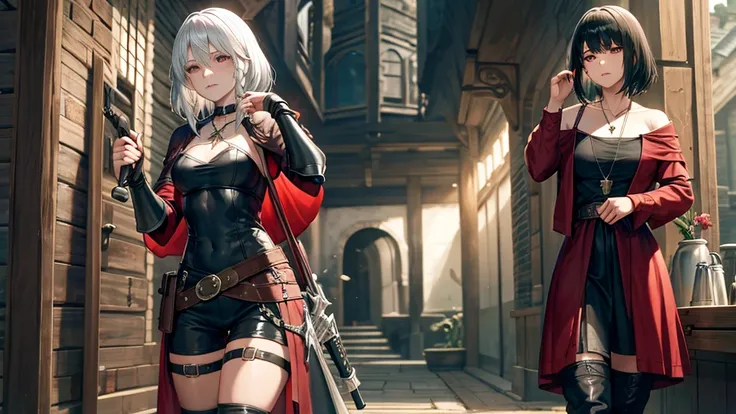 Little Red Riding Hood grew up to be a witcher，Holding a silver sword in his hand，Wearing tights，Cold personality，Wearing a sawed-off shotgun，Wearing long boots，A pair of arm armor，There is a cross pattern on the arm armor，A cross necklace around the neck，...