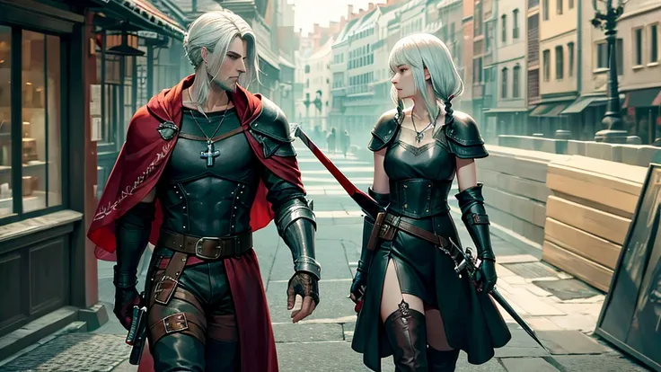 Little Red Riding Hood grew up to be a witcher，Holding a silver sword in his hand，Wearing tights，Cold personality，Wearing a sawed-off shotgun，Wearing long boots，A pair of arm armor，There is a cross pattern on the arm armor，A cross necklace around the neck，...