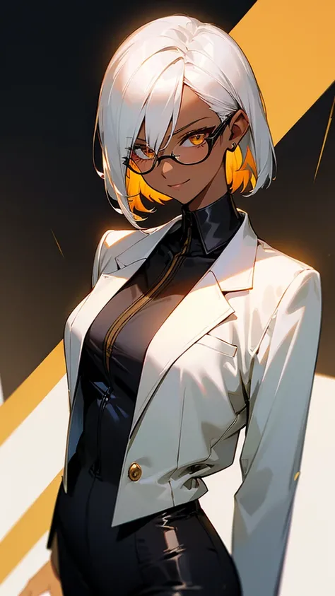 1 Female, adult, dark skinned women, long white short hair, hair over the ears, golden eyes, glasses, black business suit, black tailored jacket, white shirt, black pantsuit, office background, malicious smile, sharp eye, collarbone,