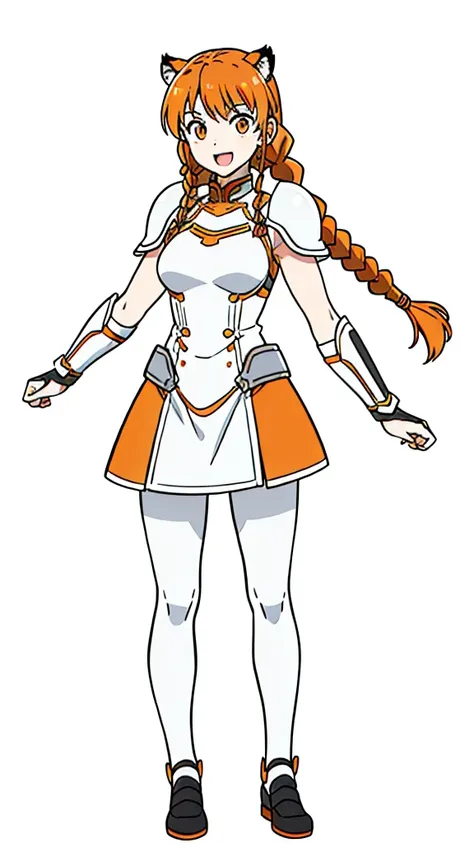 (1girl,20 years old,mature female,solo),tiger ears,long hair,(twin braids),orange hair,white armor,(white background,line drawing),open mouth,black pantyhose,smile