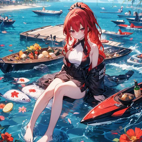 food, basket, flip flops, vinyl sheet, Beaches and sands, Calm expression, Perfect hands, elder, Red Hair, The dignity of a 50-year-old, 落ち着きのあるwoman, solo、(Highly detailed background:1.0)、(Highly detailed background:1.0)、masterpiece、Highest quality、(Babes...