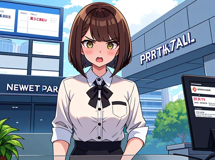 news station, serious face office lady, brown hair, bob cut, upper body. open mouth, small wipe of park, detailed news program, [pixel art]