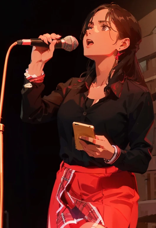 woman in black shirt and red skirt holding a microphone and cell phone, performing on stage, performing, on stage, live on stage, vocalist, concert photo, by Amelia Peláez, on the stage, on a stage, by Emma Ríos, rapping on stage at festival, taken in the ...