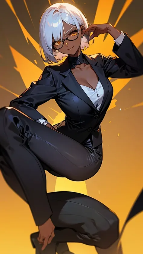 1 Female, adult, dark skinned women, long white short hair, hair over the ears, golden eyes, glasses, black business suit, black tailored jacket, white shirt, black pantsuit, office background, malicious smile, sharp eye, collarbone, squat, armpit,