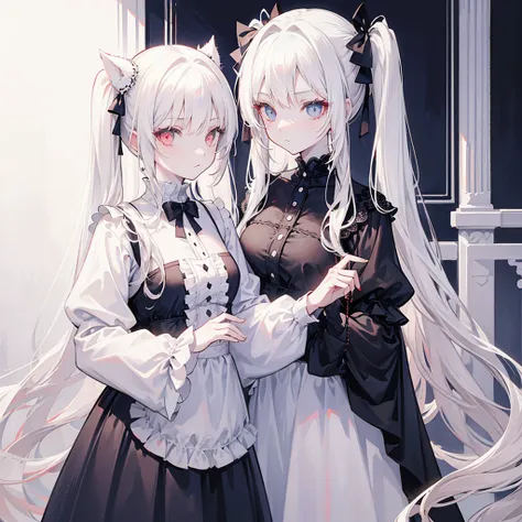 two girls, red eyes and beige hair, blue eyes and white hair, twin tails, long hair, monochrome gothic fashion, white roses, whi...