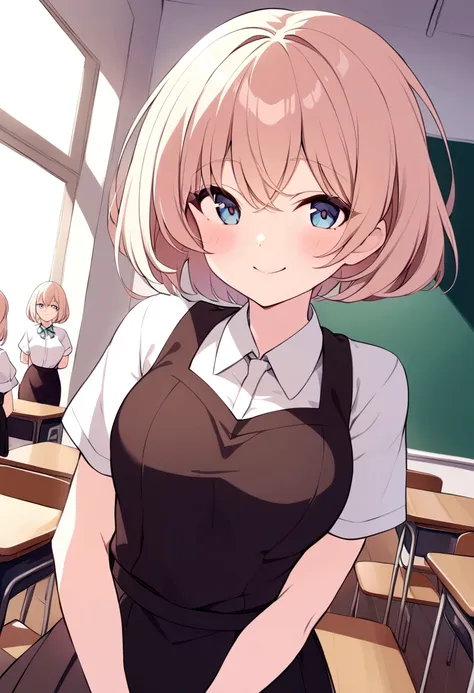 girl，slightly fat，short hair，eye，smiling，hands behind back，jk，standing in the classroom