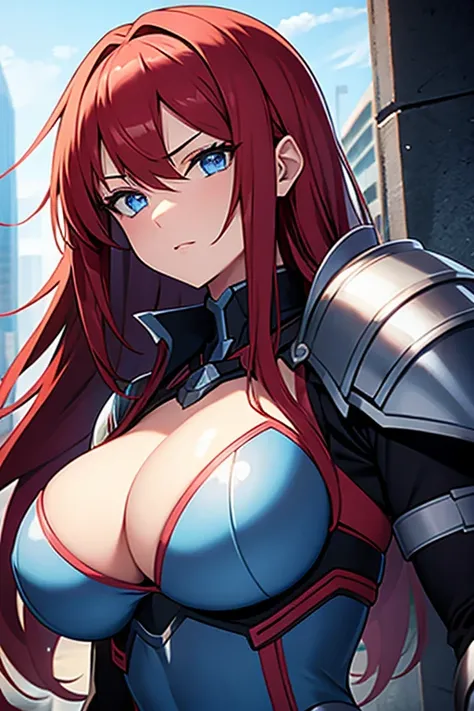 girl, big breasts, Red hair, blue eyes , metal armor,