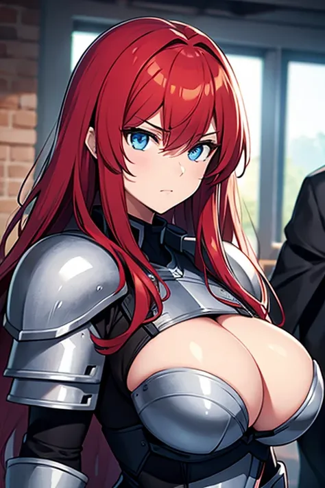 girl, big breasts, Red hair, blue eyes , metal armor,