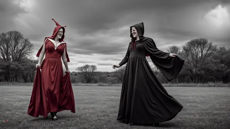 medium shot photo,dressed in an extra long red toga that sways in the wind,with a wide hood + black and white dress with plunging neckline from the 1800s,a sexy very beautiful witch, black hair, with hypnotizing eyes + creepy open laugh