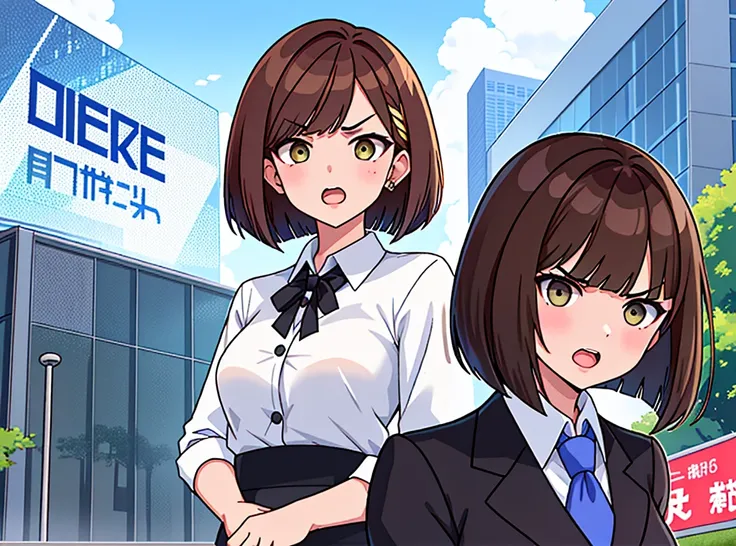 news station, serious face office lady, brown hair, bob cut, upper body. open mouth, small wipe of park, detailed news program, [pixel art]