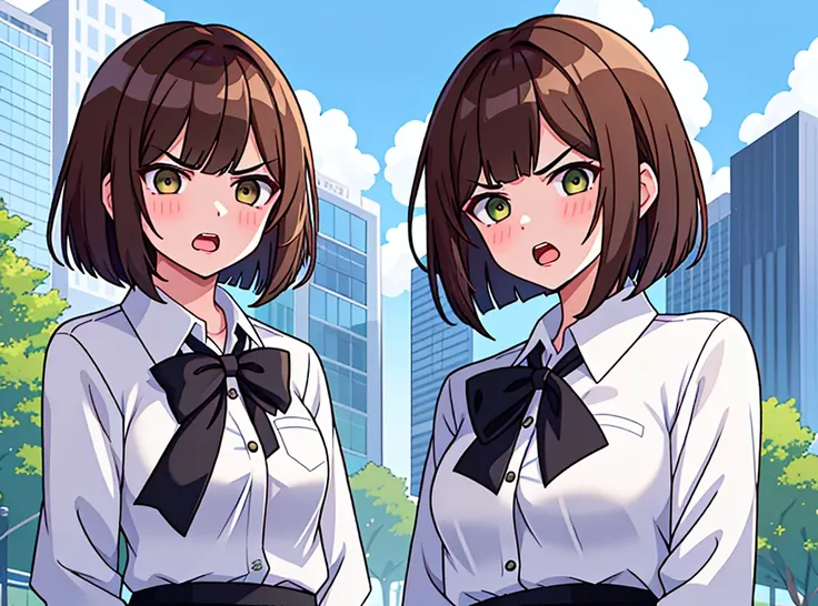 news station, serious face office lady, brown hair, bob cut, upper body. open mouth, small wipe of park, detailed news program, [pixel art]