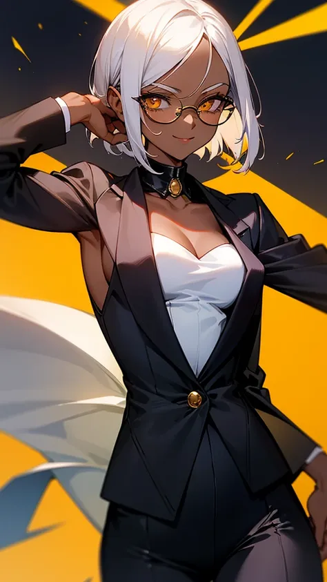 1 Female, adult, dark skinned women, long white short hair, hair over the ears, golden eyes, glasses, black business suit, black tailored jacket, white shirt, black pantsuit, office background, malicious smile, sharp eye, collarbone, armpit,