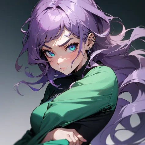 Anime panel, one woman intense turquoise eyes, upper body, gray wavy hair with purple highlights, serious, ear piercing, black casual outfit