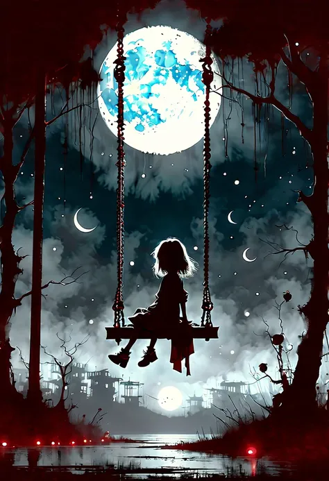 ashley wood style, dark scarlet background, chemiluminescence. (animation. girl on a swing tied to a crescent, night, 1 moon, ro...