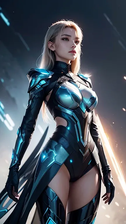 A stunning female knight dressed in intricate and beautifully crafted futuristic armor, holding a gleaming energy sword. She wears a mix of sleek metallic and synthetic materials, intricately designed to showcase both elegance and strength. The armor featu...